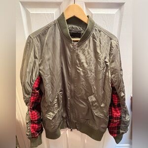 Kendall & Kylie Khaki Bomber Jacket with Red Plaid Details